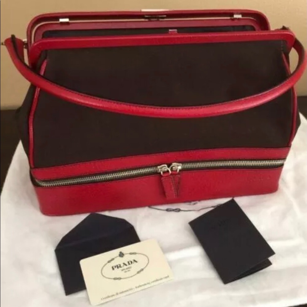 Prada Red Leather & Canvas Hidden Compartment Bag